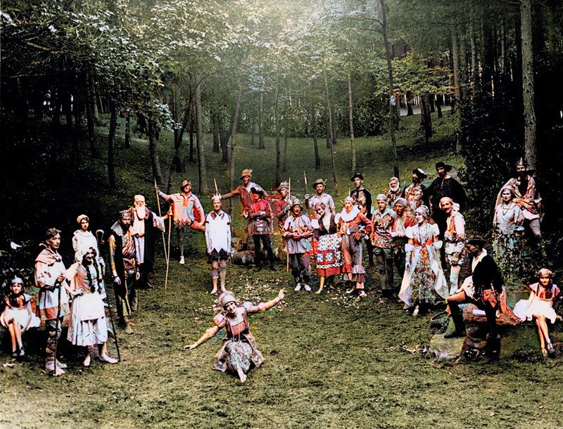 Vintage photo of local perfromers in the Dell, in colourful Shakespearean costumes